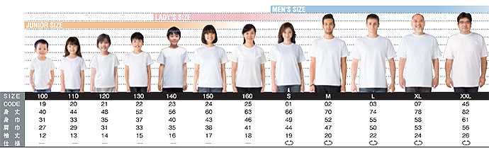 オリジナルTシャツサイズ表